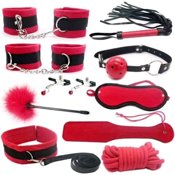  10 PCs Fetish Bondage Restraints Kit - Couple, Black, Leather