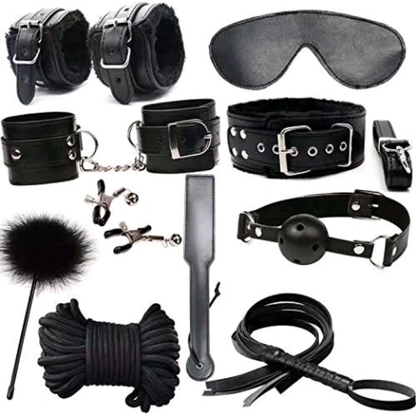  10 PCs Fetish Bondage Restraints Kit - Couple, Black, Leather