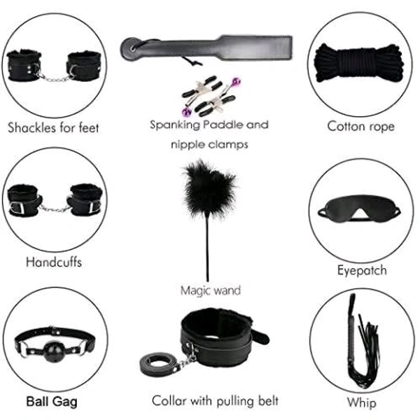  10 PCs Fetish Bondage Restraints Kit - Couple, Black, Leather