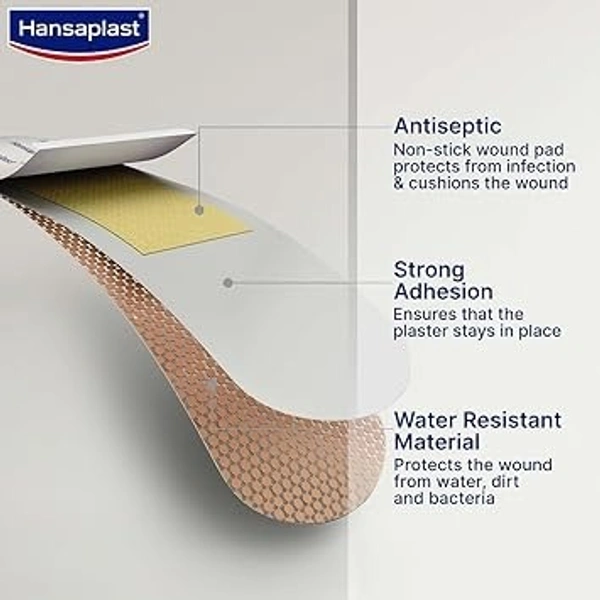 Hansaplast Antiseptic Washproof Bandage for injury & wounds | 100 Strips | First Aid | Water resistant | Provides Comfort to the Wound in Water | For Kids & Adults