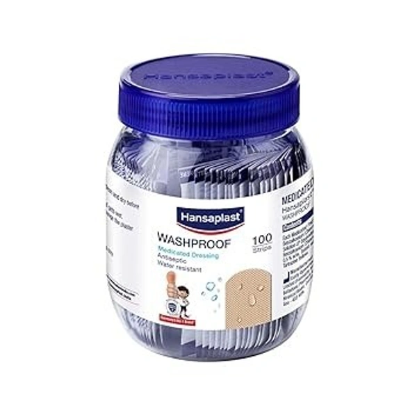 Hansaplast Antiseptic Washproof Bandage for injury & wounds | 100 Strips | First Aid | Water resistant | Provides Comfort to the Wound in Water | For Kids & Adults
