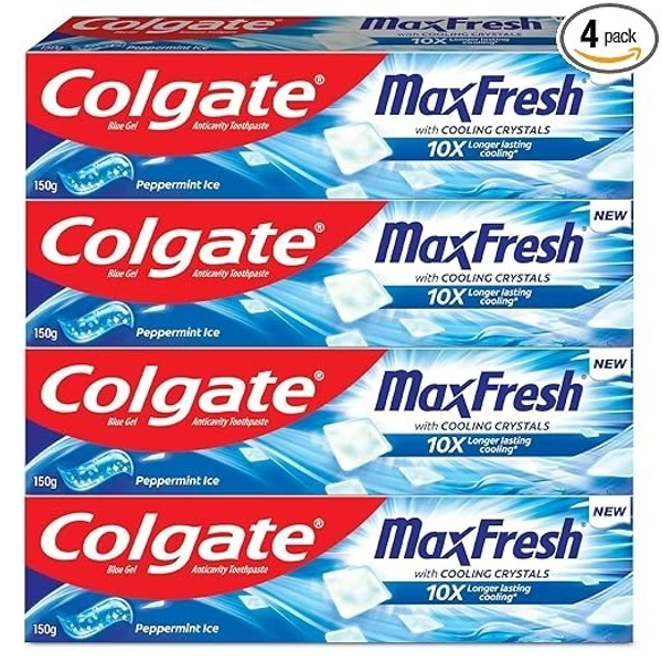 Colgate MaxFresh 600g (150g x 4, Pack of 4) Breath Freshener Toothpaste, , Peppermint Ice, Blue Gel Paste with Menthol, Cooling crystals for bad breath control