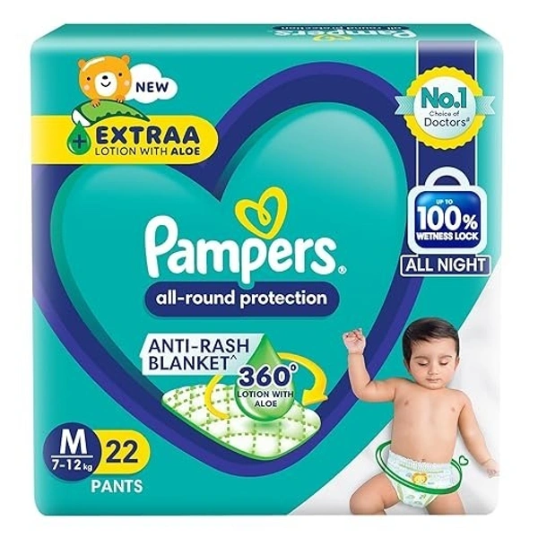 Pampers All round Protection Pants, Medium size baby diapers (MD) 22 Count, Anti Rash diapers, Lotion with Aloe Vera