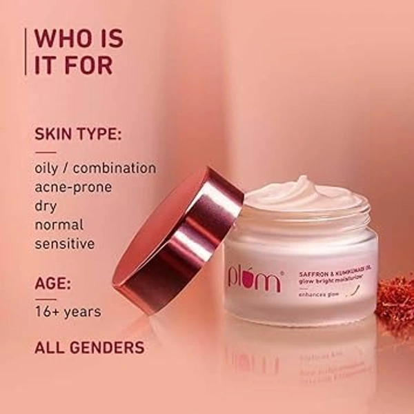 Plum Saffron & Kumkumadi Oil Daily Glow Bright Moisturizing Cream | Quick-Absorbing Day Cream to Brighten Skin, Enhance Glow | with SPF 35 for UVA/UVB Protection | All Skin Types | Women & Men | 50g