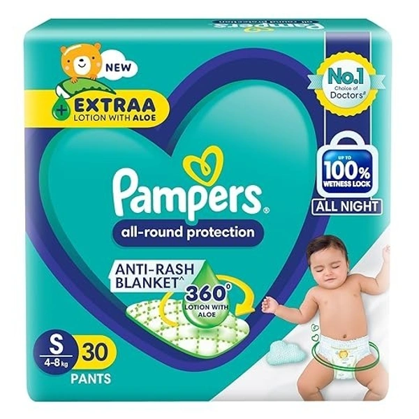 Pampers Complete Skin Comfort Pants, Anti-rash blanket, Lotion with Vitamin E & Aloe Vera, Small size baby Diapers, (S) 30 Count, 4-8 kg