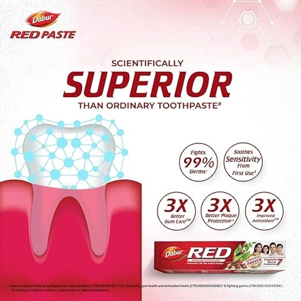 Dabur Red Toothpaste | World's No.1 Ayurvedic Paste | Provides Germ Protection, Cavity Protection, Plaque Removal | Prevents Gum Bleeding, Yellow Teeth, Toothache, Bad Breath