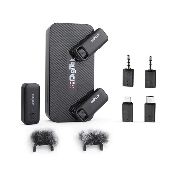 DIGITEK Digitek (DWM-106 2-in-1 Wireless Microphone System with Type C & Lightning Connector and 1000mAh Battery Charging case to Charge Receiver & Transmitter for DSLR Camera, Android & iOS Smartphones