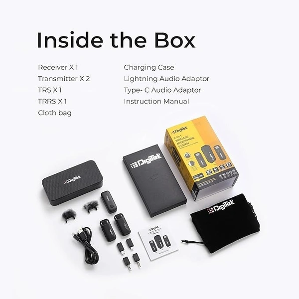 DIGITEK Digitek (DWM-106 2-in-1 Wireless Microphone System with Type C & Lightning Connector and 1000mAh Battery Charging case to Charge Receiver & Transmitter for DSLR Camera, Android & iOS Smartphones