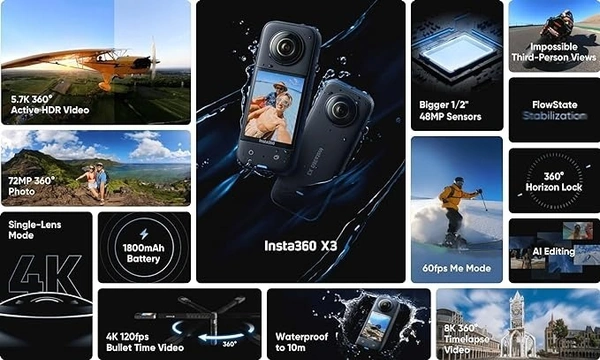INSTA insta360 X3 Action Camera, 1/2" Sensor, 5.7K 360 Capture, Optical Zoom 3X, 72 MP 360 Photo, 4K Single Lens Mode, Black