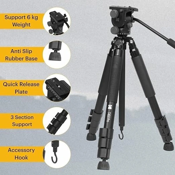 KODAK Kodak T450 Pro 180mm Three Section Support Flip Locks Tripod (Black)