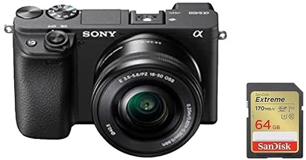 SONY Sony Alpha ILCE-6400L 24.2MP Mirrorless Camera (Black) with 16-50mm Power Zoom Lens & SanDisk Extreme SD UHS I 64GB Card for 4K Video for DSLR and Mirrorless Cameras 170MB/s Read & 80MB/s Write