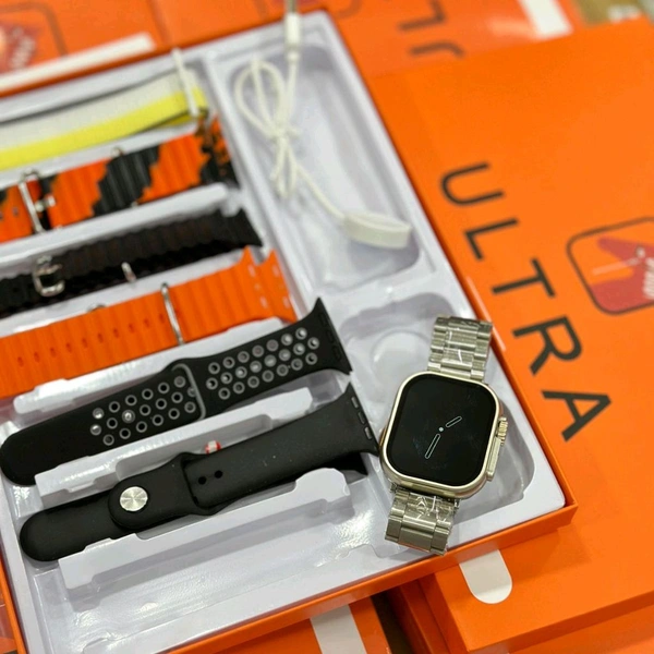 7 in 1 Strap Series 8 Ultra 49 MM Smartwatch | 7 Straps Premium Straps, Change Straps Every Day Of The Week, Means Within 7 Straps, Wireless Fast Charging Cable And Manual Book Included In Box