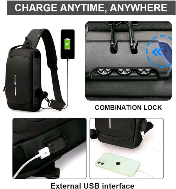 Anti Theft Crossbody Sling Bag ,Waterproof Chest Daypack With USB Charging, Black, One Size, Locomotive Style - Blue
