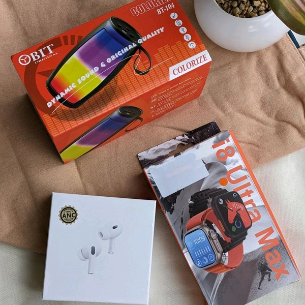 Budget Combo Offer | I8 Ultra Smartwatch, Trending Led Light Speaker With Air Pod Pro 2 Base Model Earbud