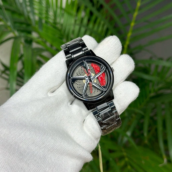 Car Wheel Watch, Stainless Steel Mens Wristwatch with Spinning Car Rim Hub Design, Quartz Movement, Water Resistant, Scratch Resistant Gifts for Car Enthusiasts - Red