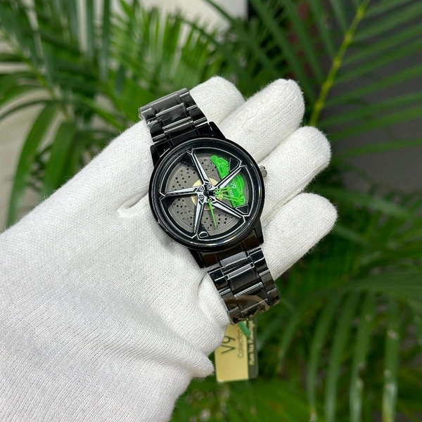 Car Wheel Watch, Stainless Steel Mens Wristwatch with Spinning Car Rim Hub Design, Quartz Movement, Water Resistant, Scratch Resistant Gifts for Car Enthusiasts - Green