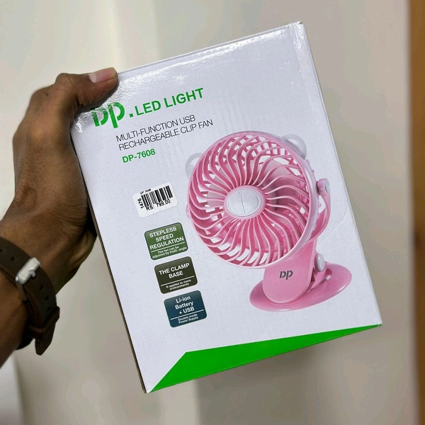 DP 7608 (RECHARGEABLE PORTABLE USB FAN) 2000mAh Battery, Multifunctional, Clip USB Fan