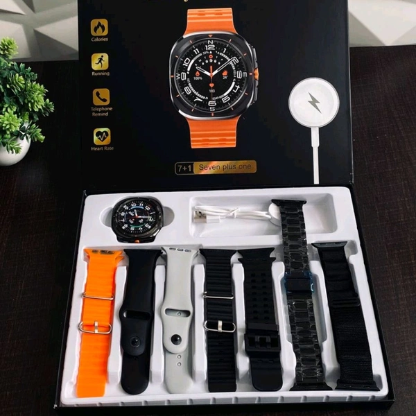 First Time In India, Watch Ultra 7 In 1 Combo Gift Pack With On/Off Logo | 7 High Quality Straps - Black