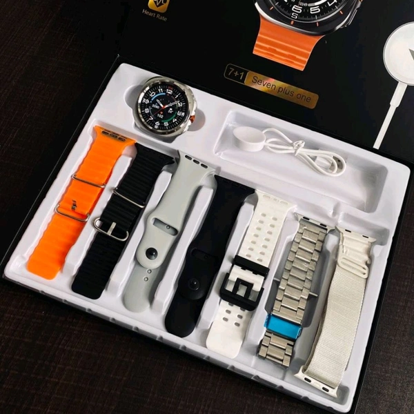First Time In India, Watch Ultra 7 In 1 Combo Gift Pack With On/Off Logo | 7 High Quality Straps - Silver