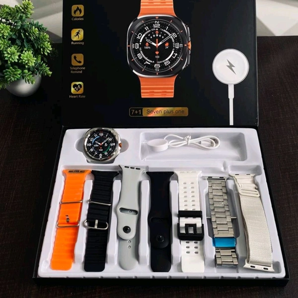 First Time In India, Watch Ultra 7 In 1 Combo Gift Pack With On/Off Logo | 7 High Quality Straps - Silver