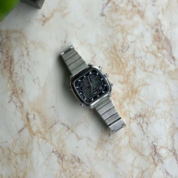 Fossil Retro Anadigital Analog-Digital Black Dial Men's Watch With High Quality Strap Best Finishing Body & Case - Silver