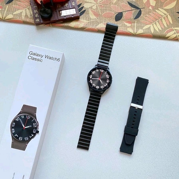 Galaxy Watch 6 Classic With Dual Buttons, Dual Belt 1 Metal & 1 Silicon, On Off Logo Same As Original, The Most Advanced Health Monitoring - Black