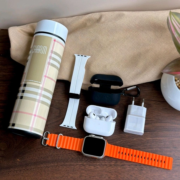 Most Awaited Budget Combo | Series 8 Ultra Smartwatch, Air Pro 2 USA Quality, Temperature Showing Bottle, Magnetic Strap, Adapter With Silicon Pouch