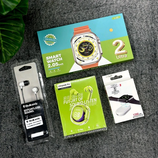 Most Awaited Budget Combo, Wireless Bluetooth Earbuds, L22 Series 8 Ultra Smartwatch, Skullcandy Original Earphone And Smartwatch Battery Pack