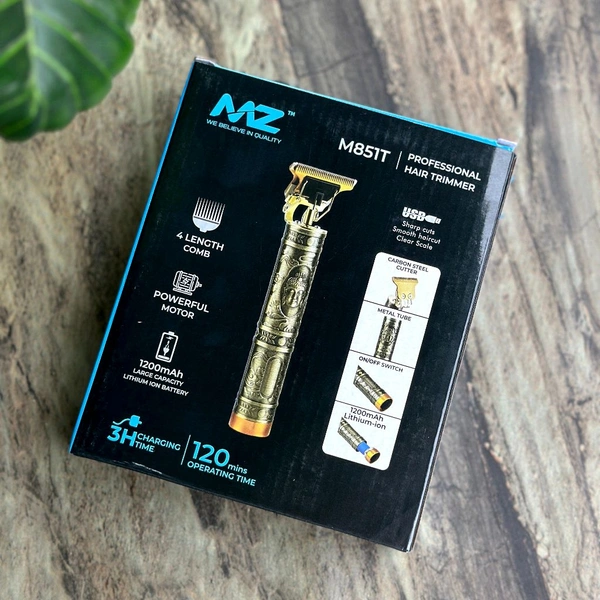 MZ M851T (PROFESIONAL HAIR TRIMMER) Full Metal Trimmer with 1200 mAh battery Trimmer 120 min Runtime 3 Length Settings (Gold)