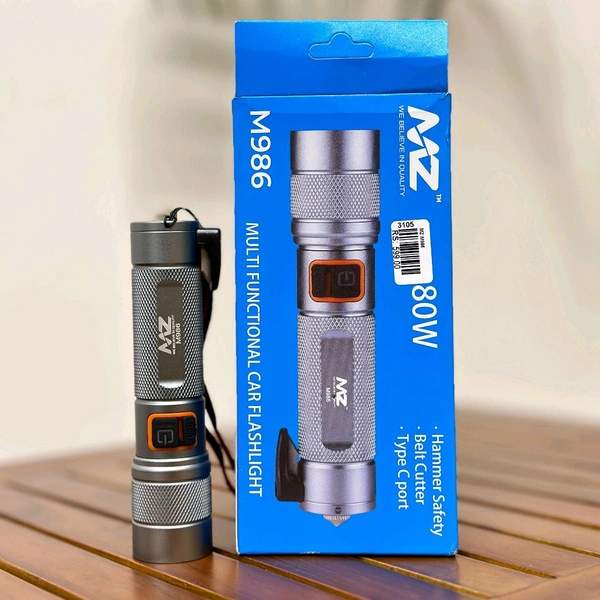 MZ M986 (CAR EMERGENCY LIGHT) 3 Modes with Hammer and Seatbelt cutter Zoomable Torch (Silver, 13.2 cm, Rechargeable)