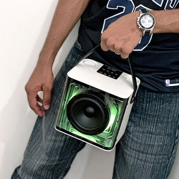 Portable Bluetooth Speaker Dynamic Sound with 2 wireless mics Karaoke 15 W Bluetooth Speaker (Stereo Channel) - White