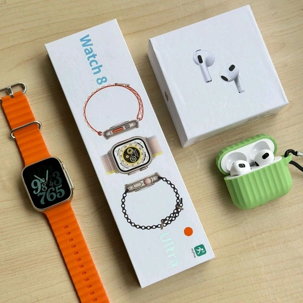 The Latest Smart Watch Series 8 Ultra And Air Pods 3 Awesome Quality With Premium Silicon Case - Orange