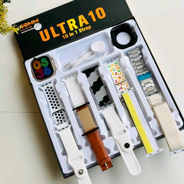 Ultra Smart Watch 8 Special Edition Combo Set, 10 in 1 Stap With Case, Bluetooth Calling Support, iOS and Android Compatible - White