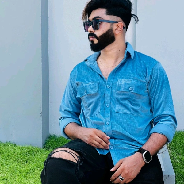 Velvet Double Pocket Premium Quality Shirt blue shirt - L