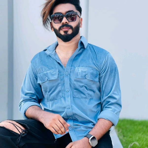 Velvet Double Pocket Premium Quality Shirt blue shirt - L