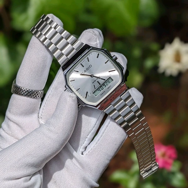 Vintage Analog And Digital Watch With High Quality Strap Best Finishing Body & Case - Silver