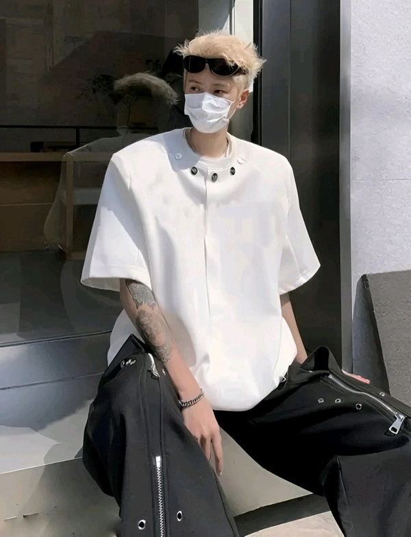 Avant-Garde Urban Statement: The Sculpted Oversized Button-Up Top with Decorative Snap Details, Complemented by Distinctive Cargo Trousers - White, S