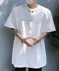 Avant-Garde Urban Statement: The Sculpted Oversized Button-Up Top with Decorative Snap Details, Complemented by Distinctive Cargo Trousers - White, S