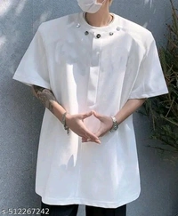 Avant-Garde Urban Statement: The Sculpted Oversized Button-Up Top with Decorative Snap Details, Complemented by Distinctive Cargo Trousers - White, XL