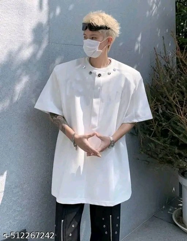 Avant-Garde Urban Statement: The Sculpted Oversized Button-Up Top with Decorative Snap Details, Complemented by Distinctive Cargo Trousers - White, XL