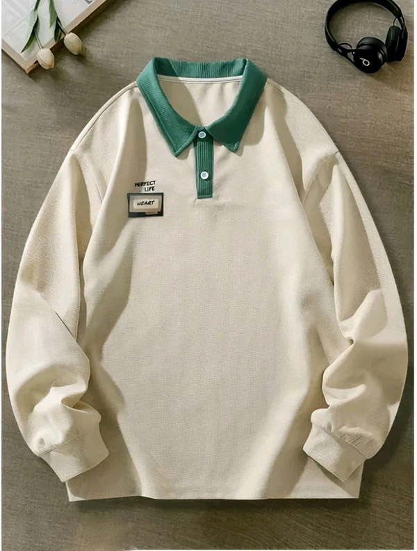 Casual Chic Oversized Polo: The Cozy Textured Long-Sleeve Top with Contrasting Green Collar and Inspirational Patches - Peach, M
