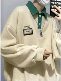 Casual Chic Oversized Polo: The Cozy Textured Long-Sleeve Top with Contrasting Green Collar and Inspirational Patches - Peach, M
