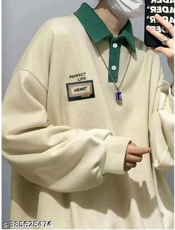Casual Chic Oversized Polo: The Cozy Textured Long-Sleeve Top with Contrasting Green Collar and Inspirational Patches - Peach, XXL