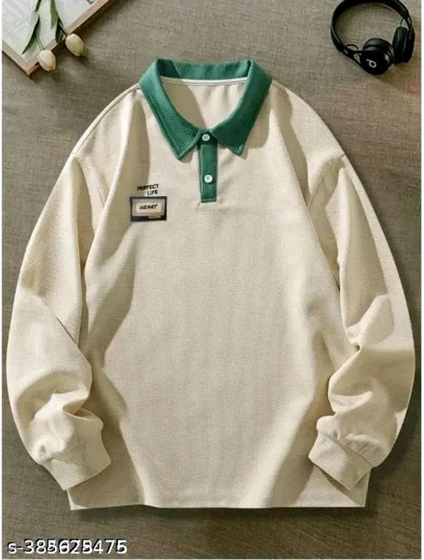 Casual Chic Oversized Polo: The Cozy Textured Long-Sleeve Top with Contrasting Green Collar and Inspirational Patches - Peach, XXL