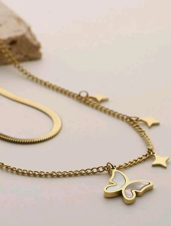 Gold Plated Butterfly and Star Pendant Necklace - Adjustable
