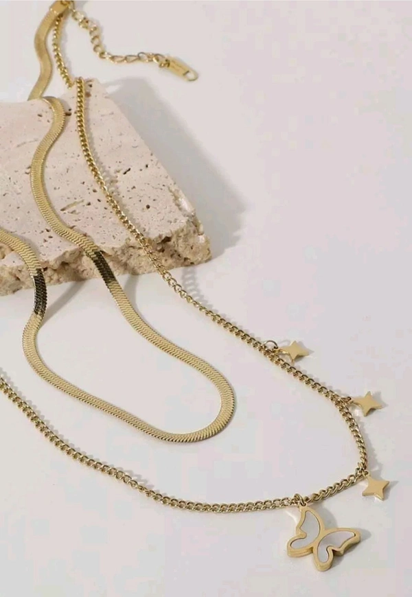 Gold Plated Butterfly and Star Pendant Necklace - Adjustable