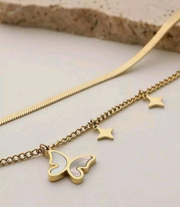 Gold Plated Butterfly and Star Pendant Necklace - Adjustable