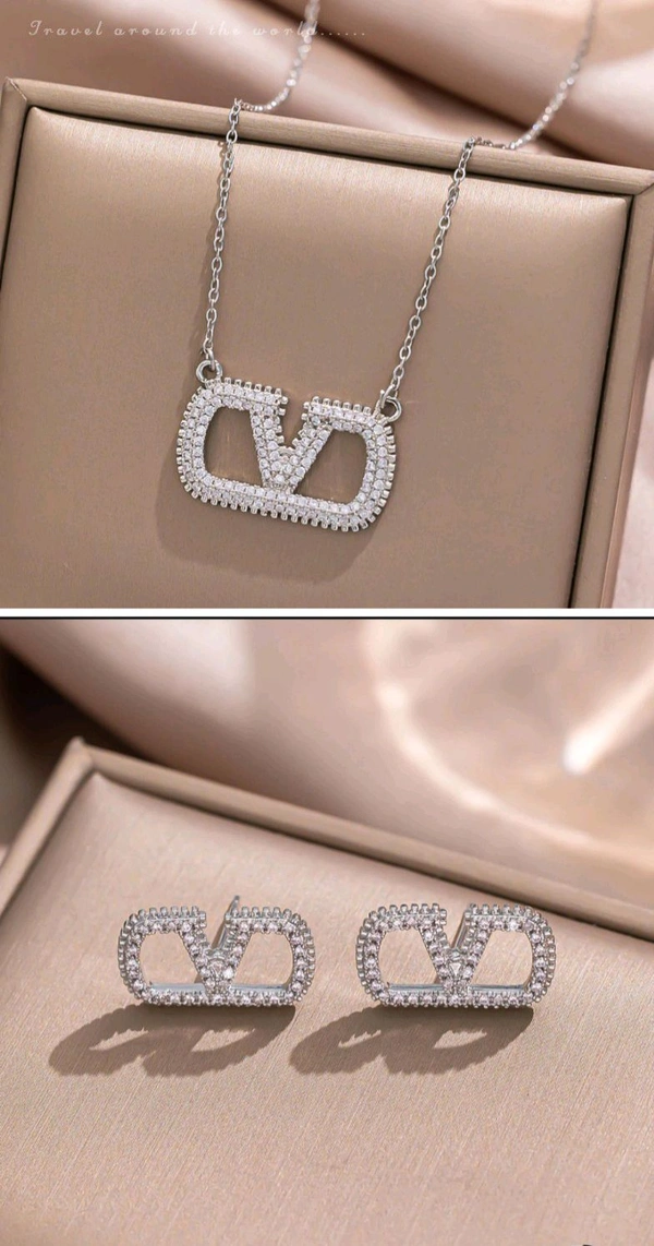 Elegant Letter V Stud Earrings Pendant Set with American Diamonds