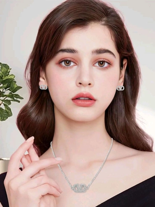 Elegant Letter V Stud Earrings Pendant Set with American Diamonds