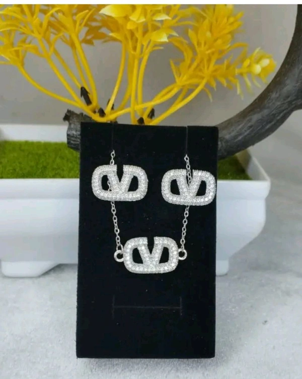 Elegant Letter V Stud Earrings Pendant Set with American Diamonds